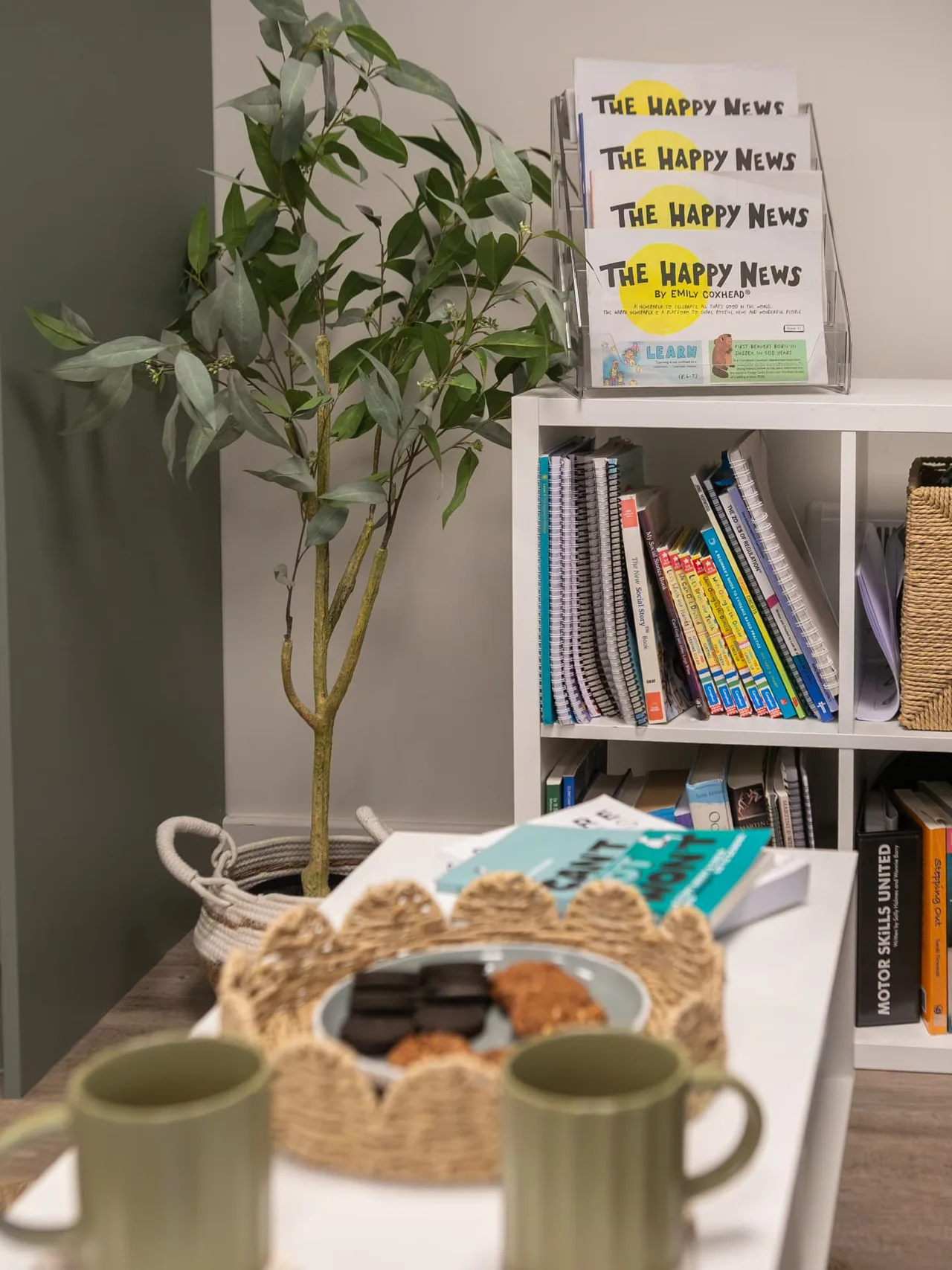 The Connect bookshelf with the Happy News newspaper rack, plants and Connect mugs