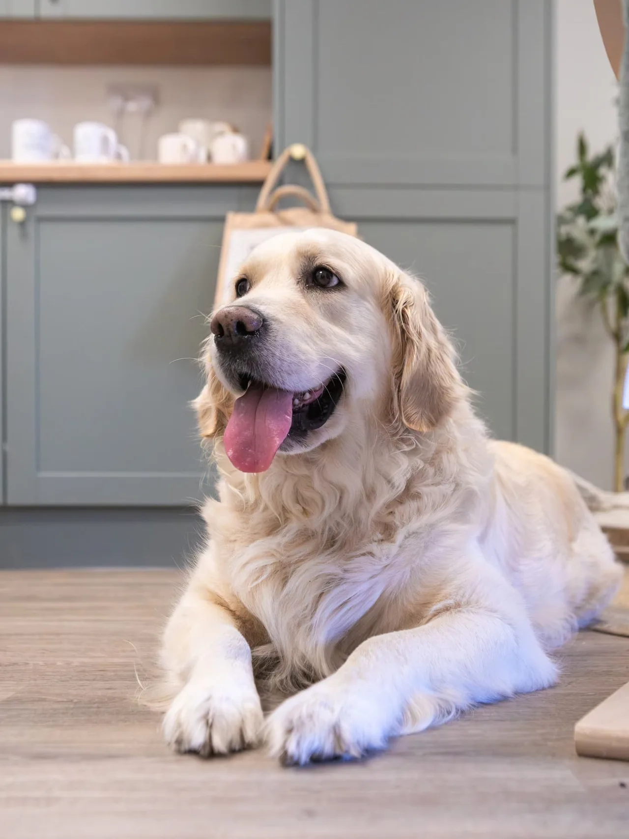 Queenie the therapy dog lying on the carpet by the sage-green cabinets